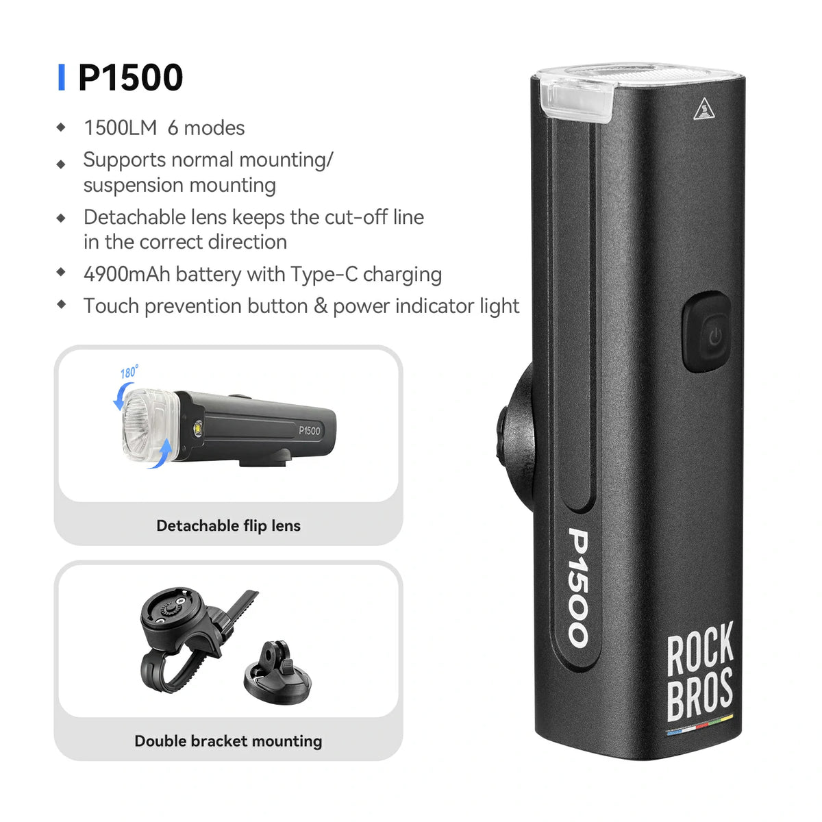 Black flashlight with features listed on a white background #size_1500LM