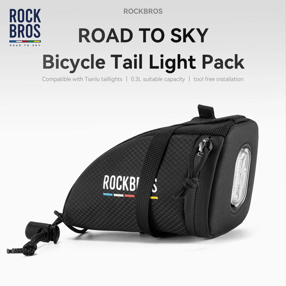 A black ROCKBROS bicycle tail light pack with a front zipper, side strap, and a visible clear light lens, shown on a light gray background with product text and the ROCKBROS logo.