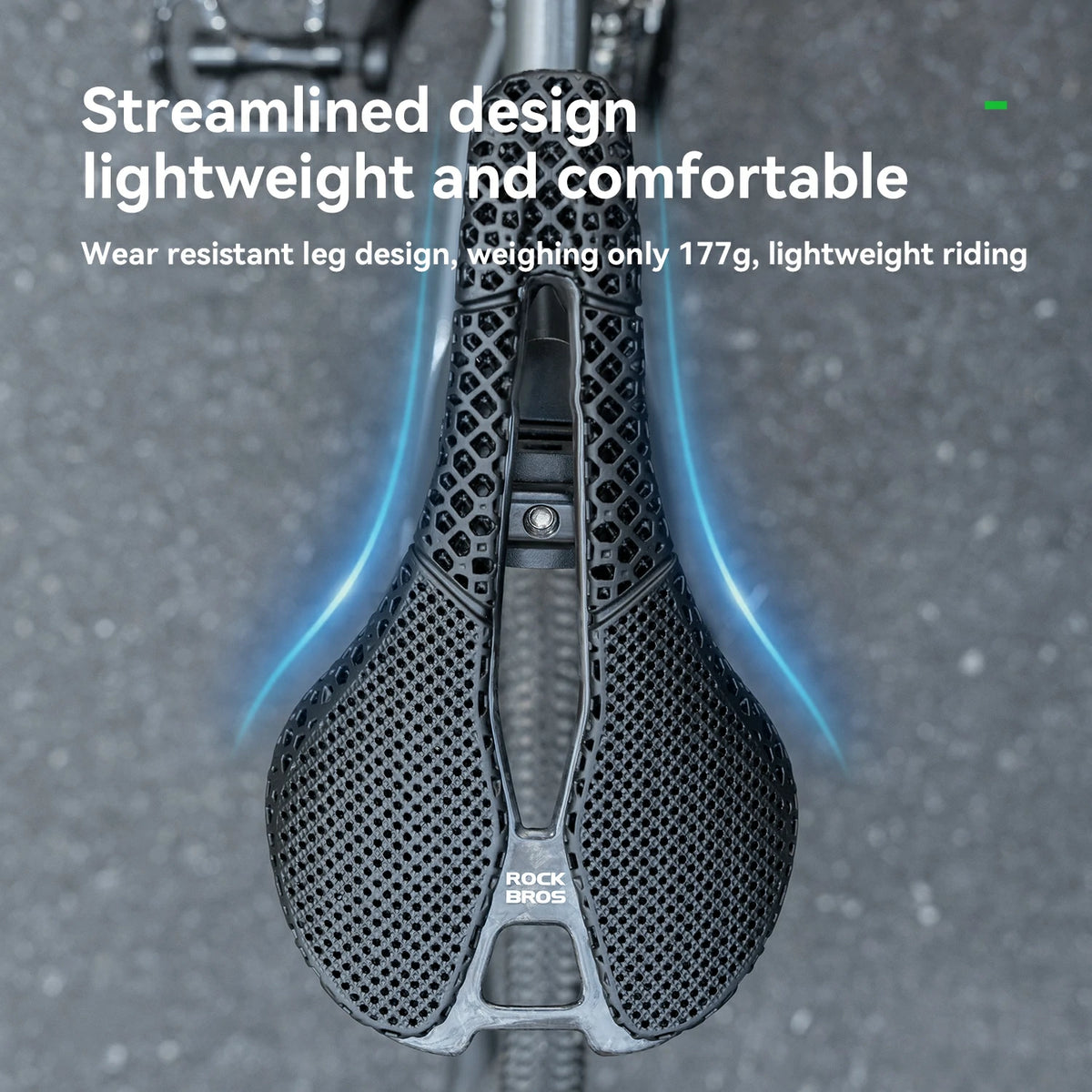 Bicycle saddle with text highlighting its lightweight and comfortable design.