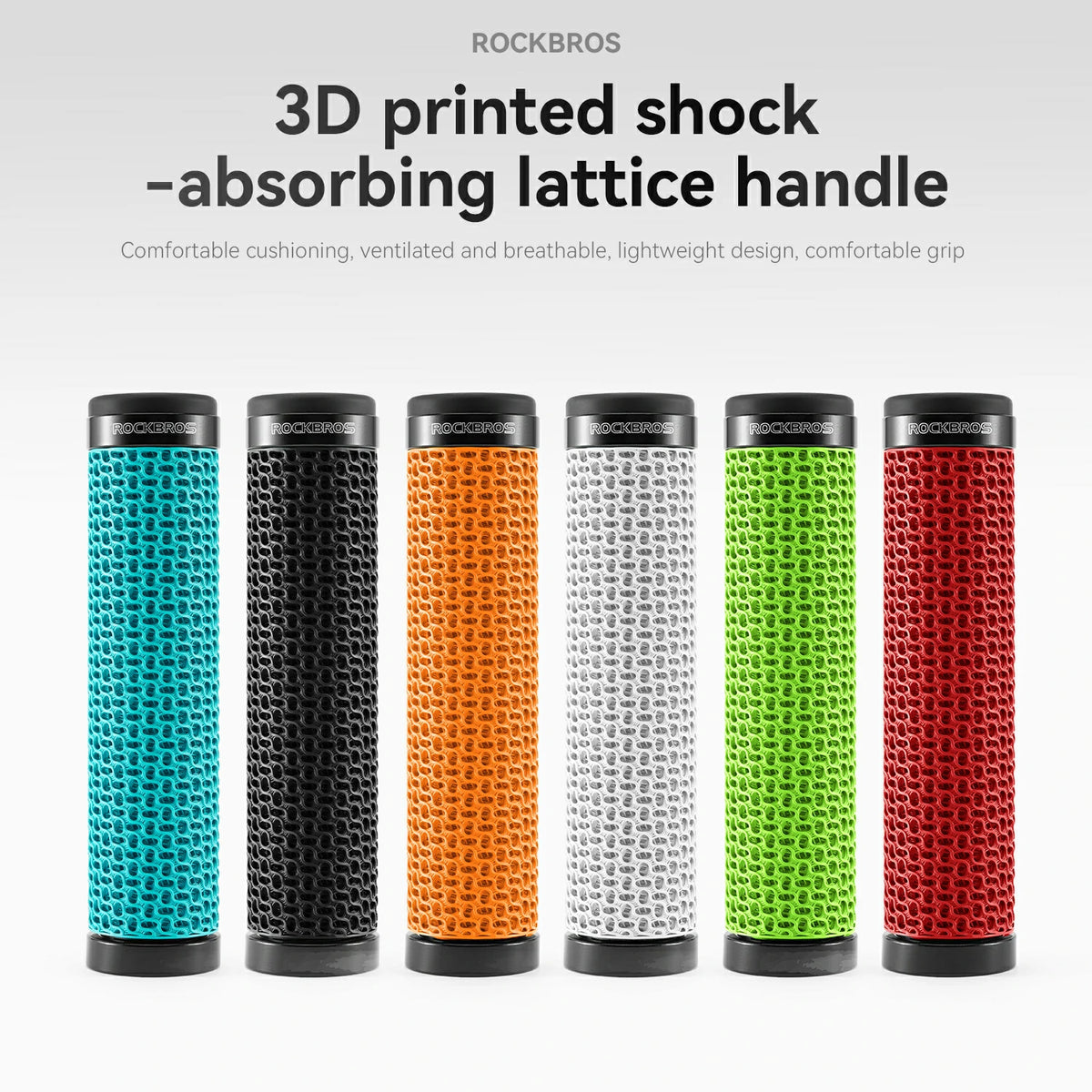 Six Rockbros bike grips in different colors (teal, black, orange, white, green, red) lined up on a light gray background with promotional text above.
