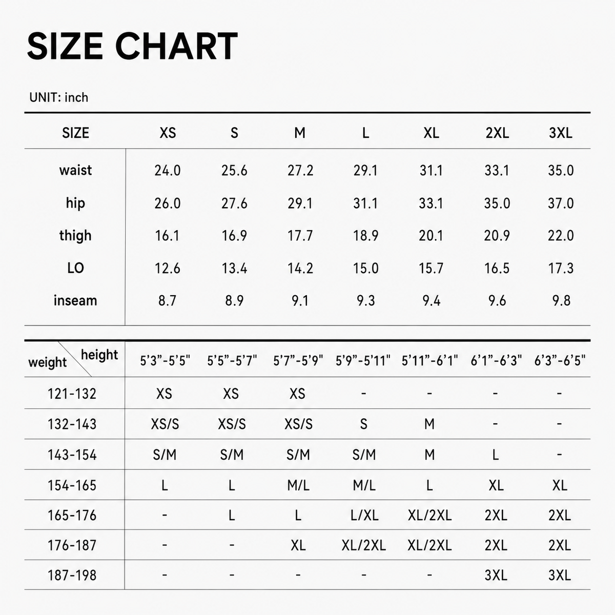 A size chart table in inches showing measurements for waist, hip, thigh, LO, and inseam by size categories XS through 3XL, plus weight and height ranges.