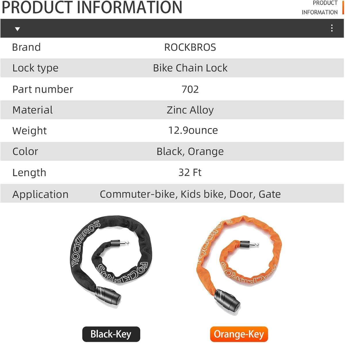 ROCKBROS Bike Lock Chain Bicycle Lock, Heavy Duty Anti Theft - ROCKBROS