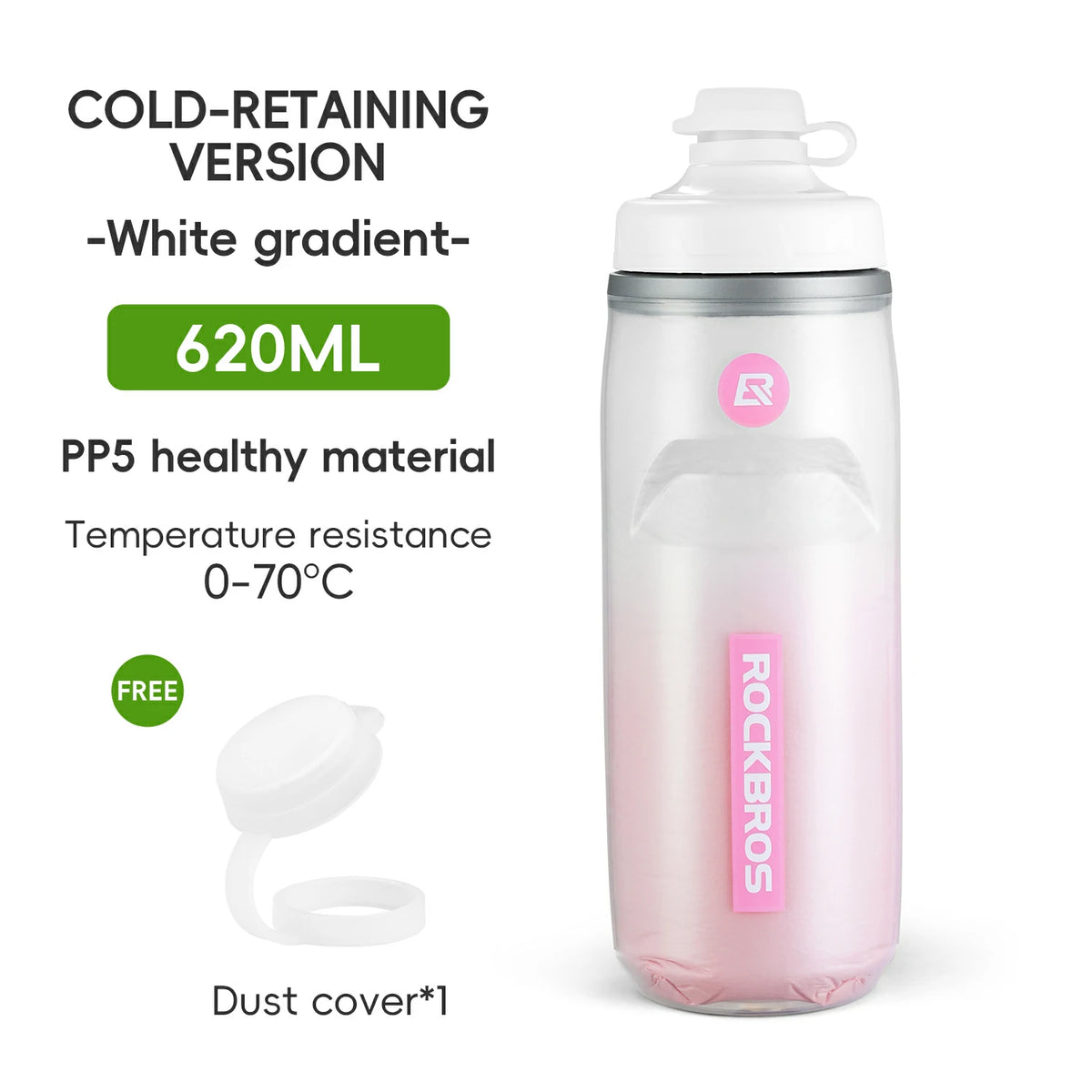 A 620ml cold-retaining water bottle with a white-to-pink gradient design, shown on a white background with product text and a separate white dust cover.#Color_White