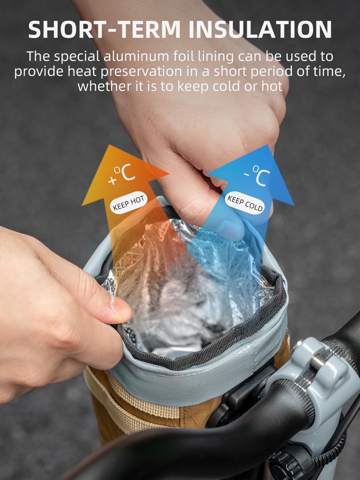 Insulated container with hands holding it, showing heat preservation properties.