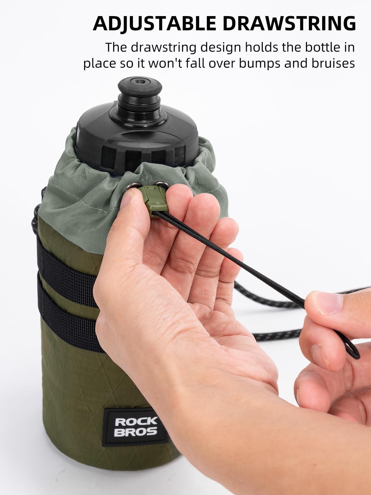 Green bottle holder with adjustable drawstring and black cap, held by a hand on a white background.