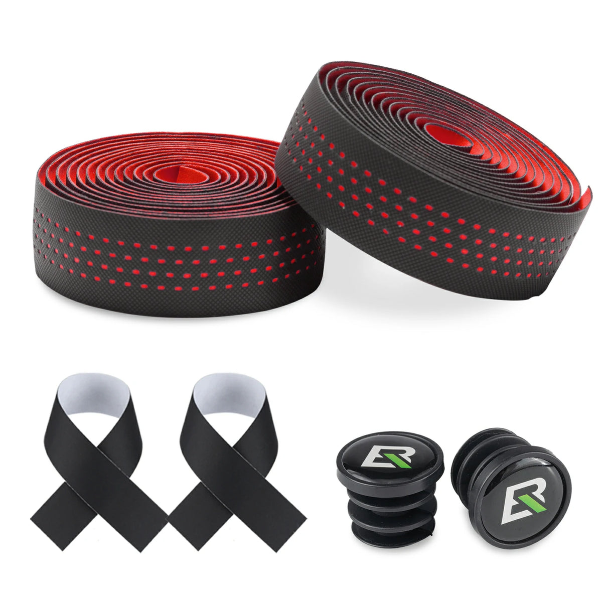 Bicycle handlebar tape with red and black pattern, two black straps, and two black bar ends on a white background. #Color_Red