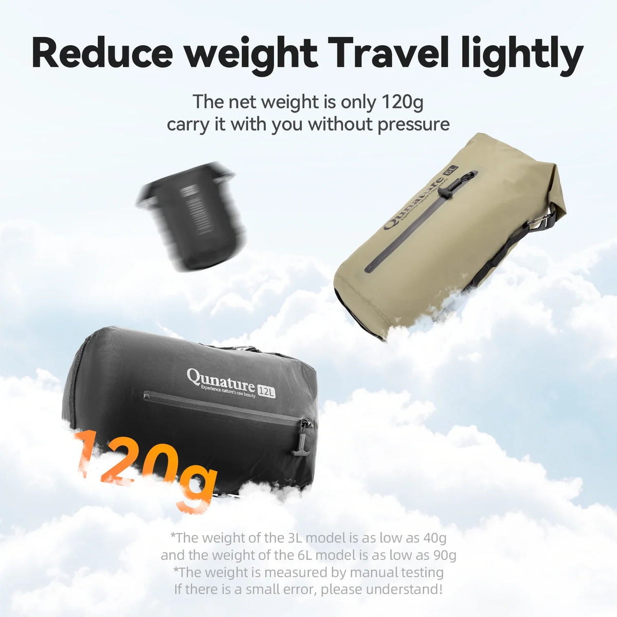 Lightweight travel bag with Qunature branding on a cloud background, emphasizing its weight of 120g.