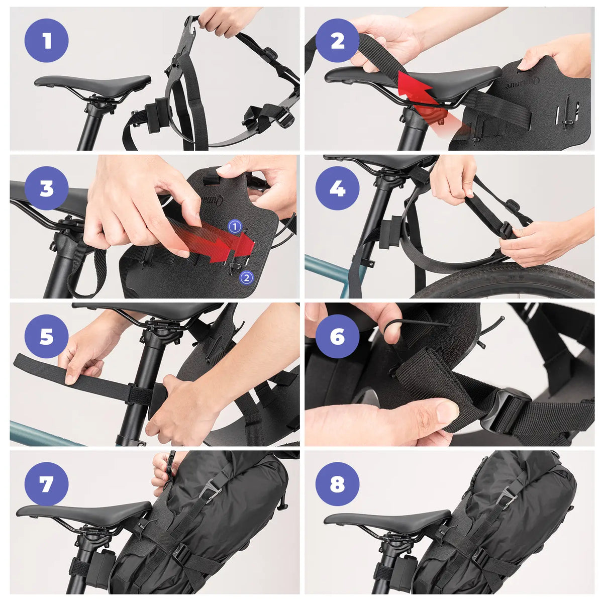 Step-by-step guide on how to install a bike seat with close-up shots of hands performing each step.