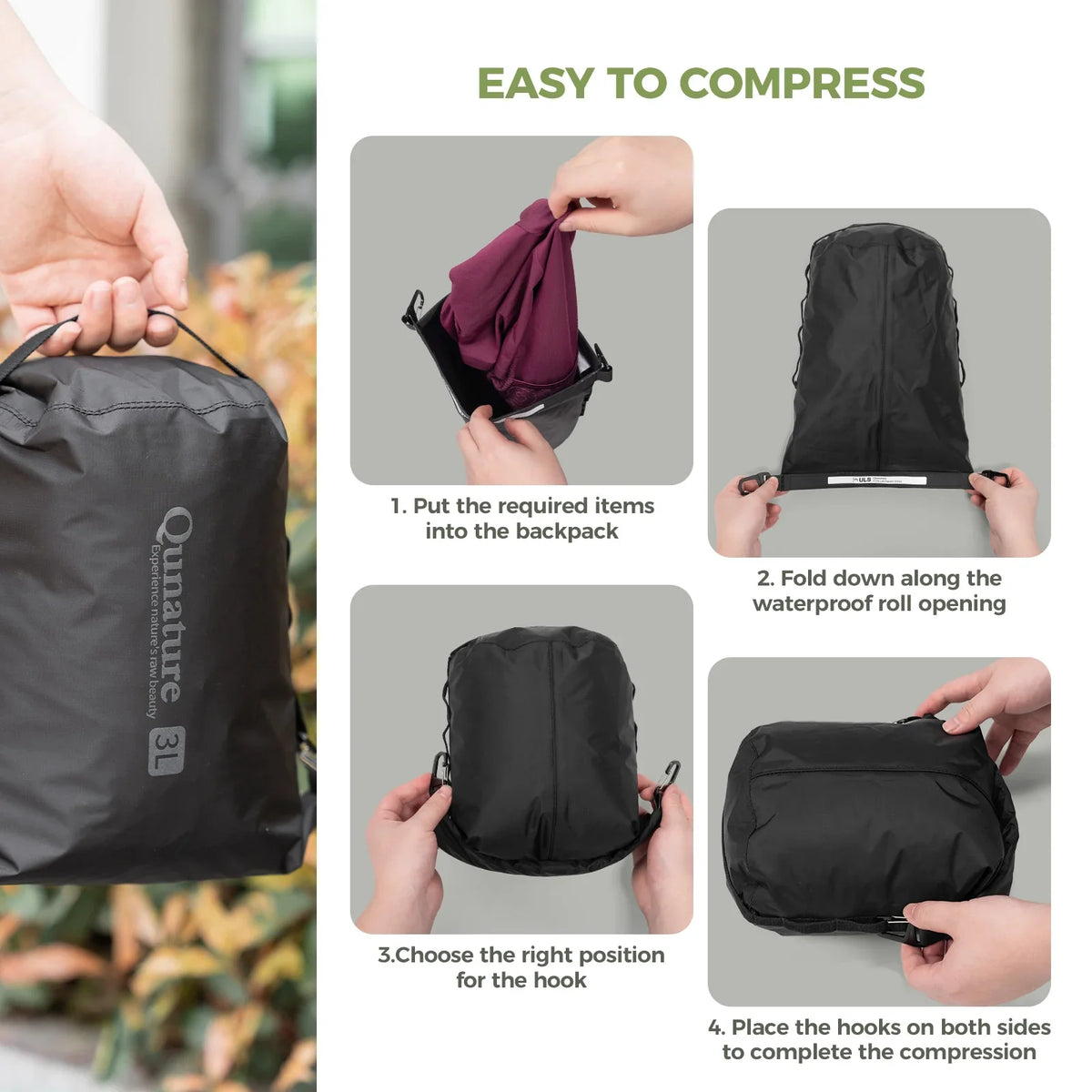 Step-by-step guide on compressing a backpack with text 'Easy to Compress' at the top.