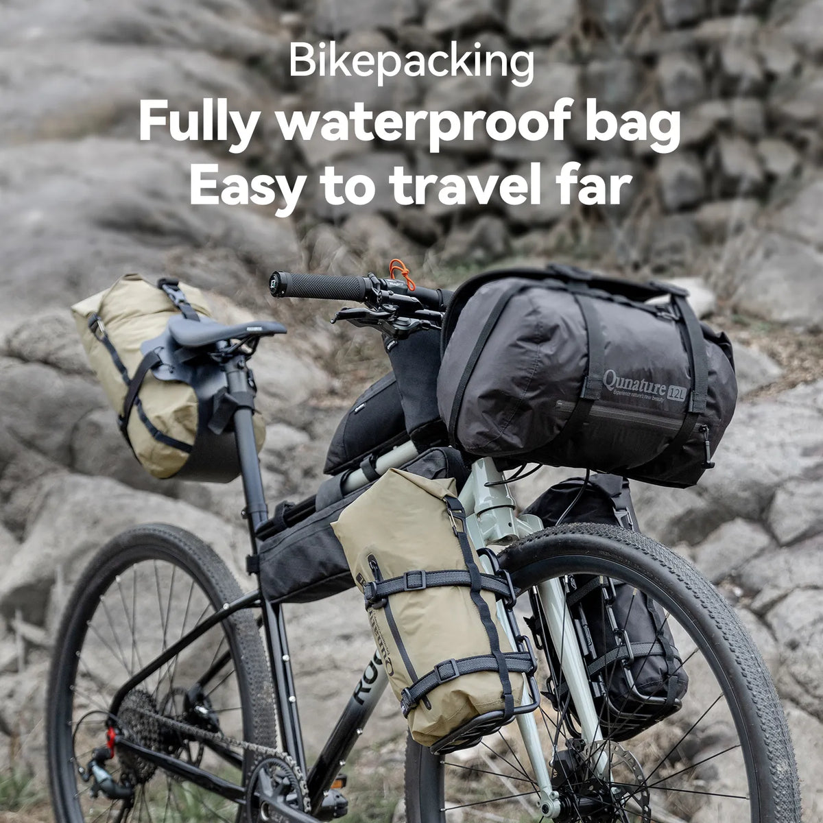 Bicycle with bikepacking bags on a rocky terrain, featuring text about waterproof bags.