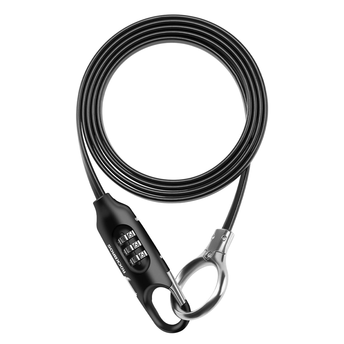 Black security cable with a combination lock and carabiner on a white background #color_black