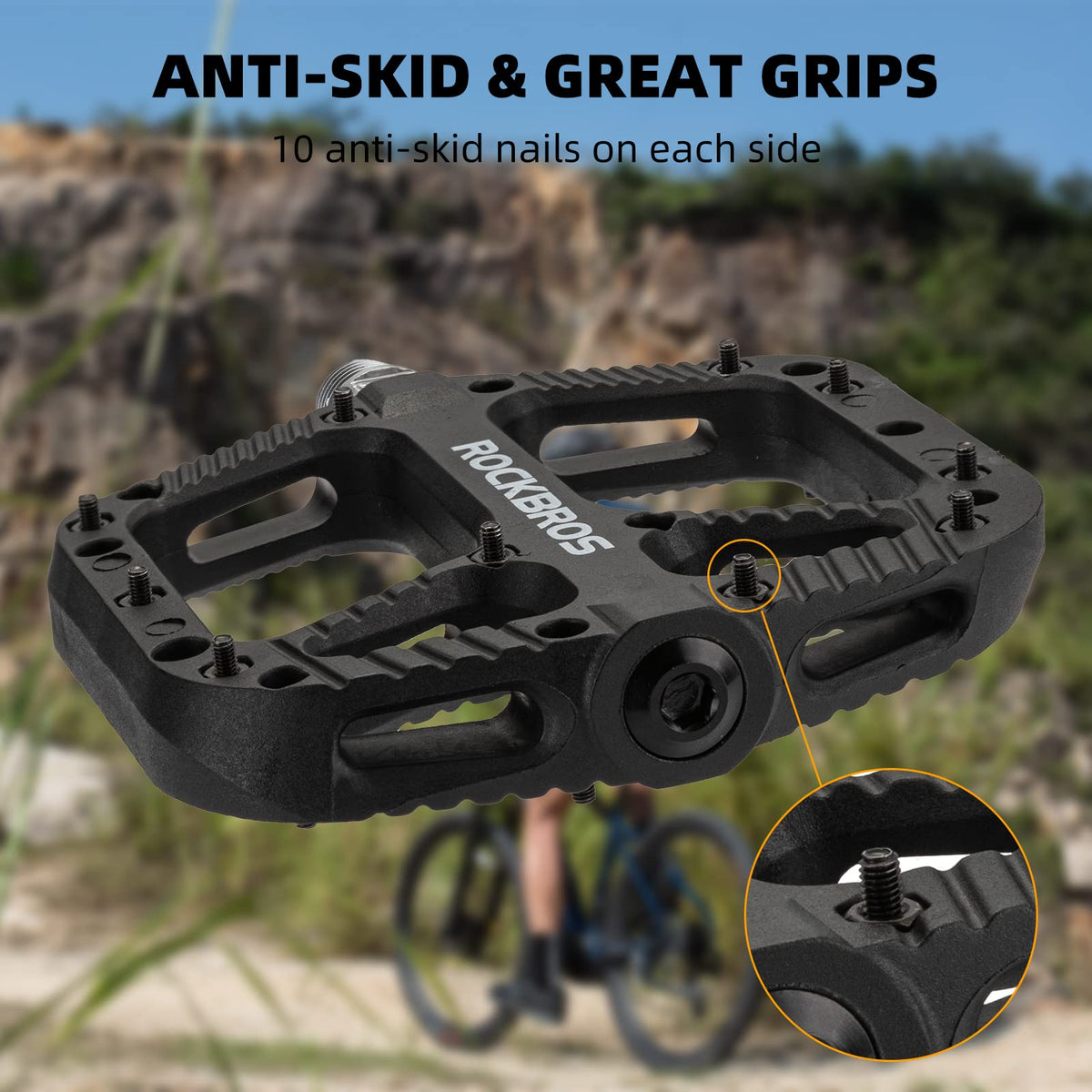 ROCKBROS Mountain Bike Pedals Nylon Composite Bearing 9/16" MTB Bicycle Pedals with Wide Flat Platform - ROCKBROS