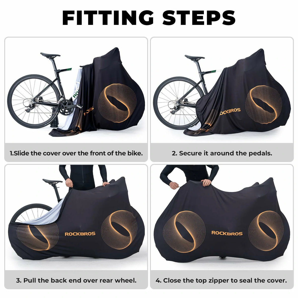 Step-by-step guide on how to fit a bicycle cover with illustrations and text.
