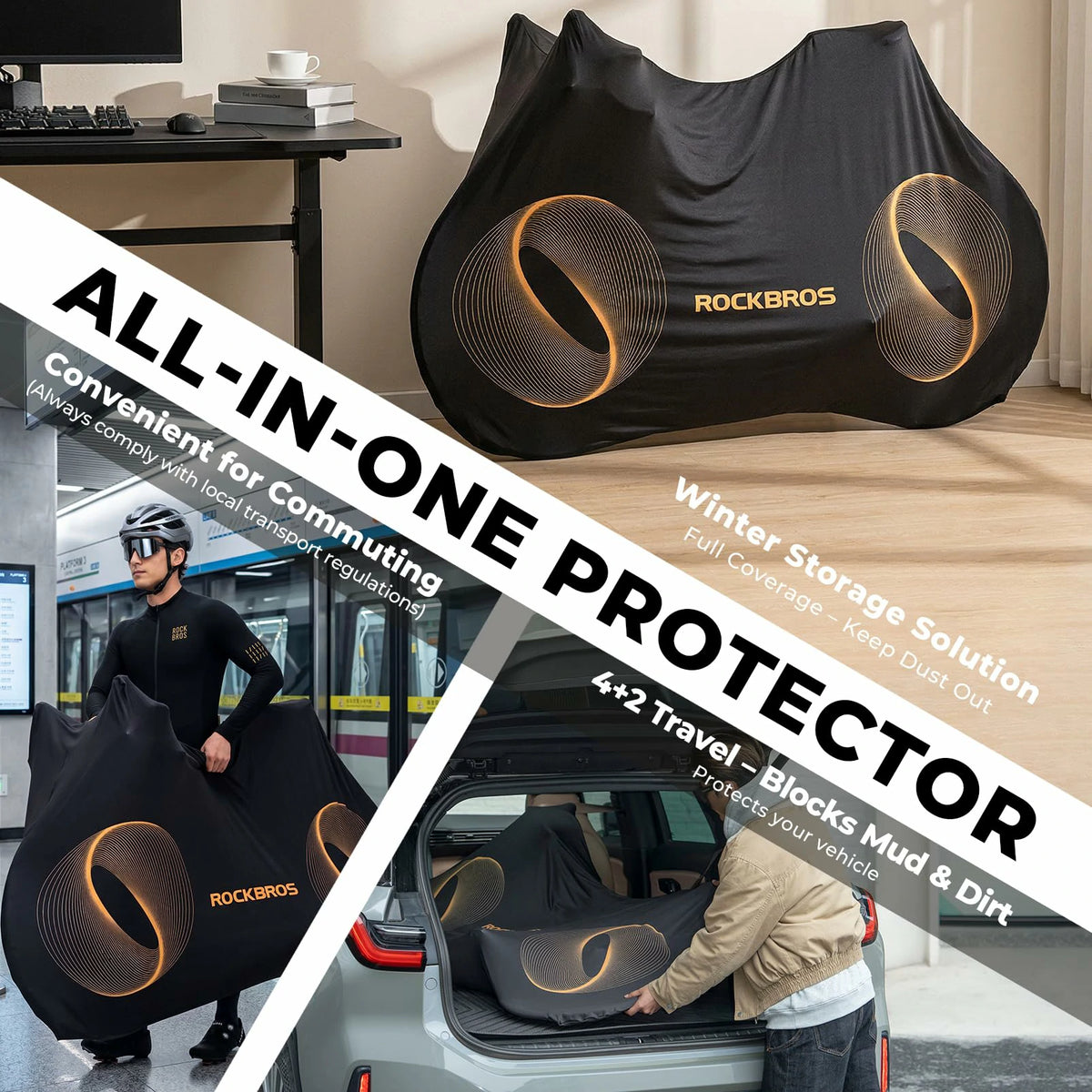 All-in-one protector with text describing its features, shown in various settings.