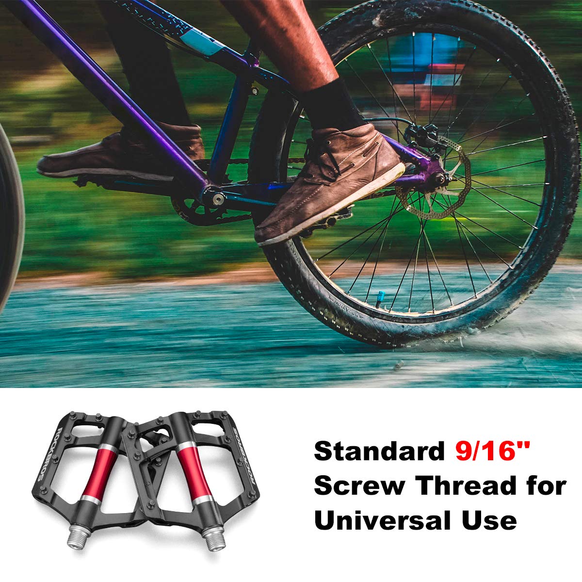 ROCKBROS MTB Pedals Platform Bike Pedal Aluminum 9/16" Bicycle Pedal Non-Slip Lightweight Flat Pedals for BMX Road Mountain Bikes - ROCKBROS
