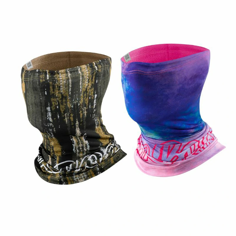 Two neck gaiters, one with a camouflage pattern and the other with a colorful design, on a white background. #Color_Brown Color2_Pink2