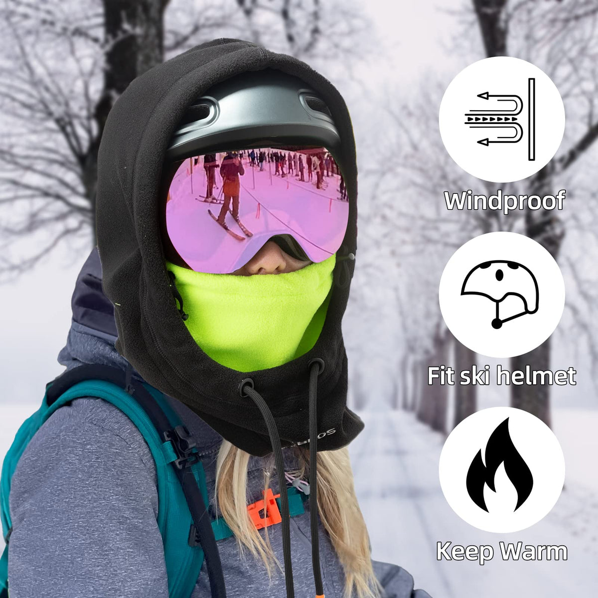 ROCKBROS Pasamontañas Cortavientos Térmico de Invierno de Forro Polar con Capucha, Gorro y Bufanda para Esquí