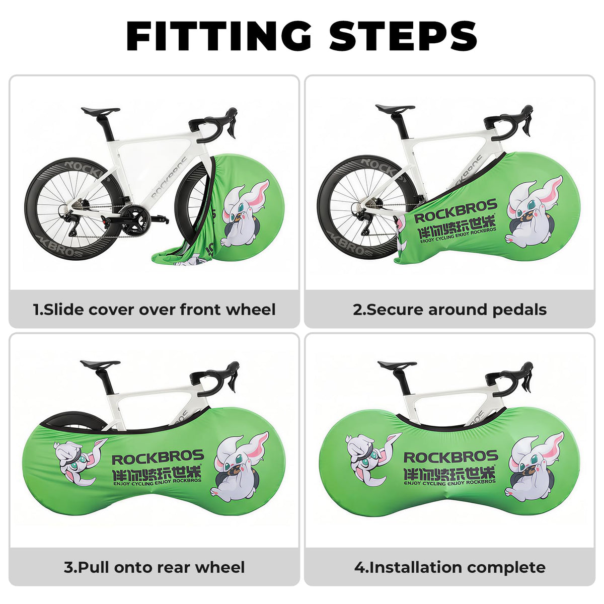 Step-by-step guide on how to fit a green bike wheel cover with cartoon character, branded 'RockBros'. #Color_Green Rabbit