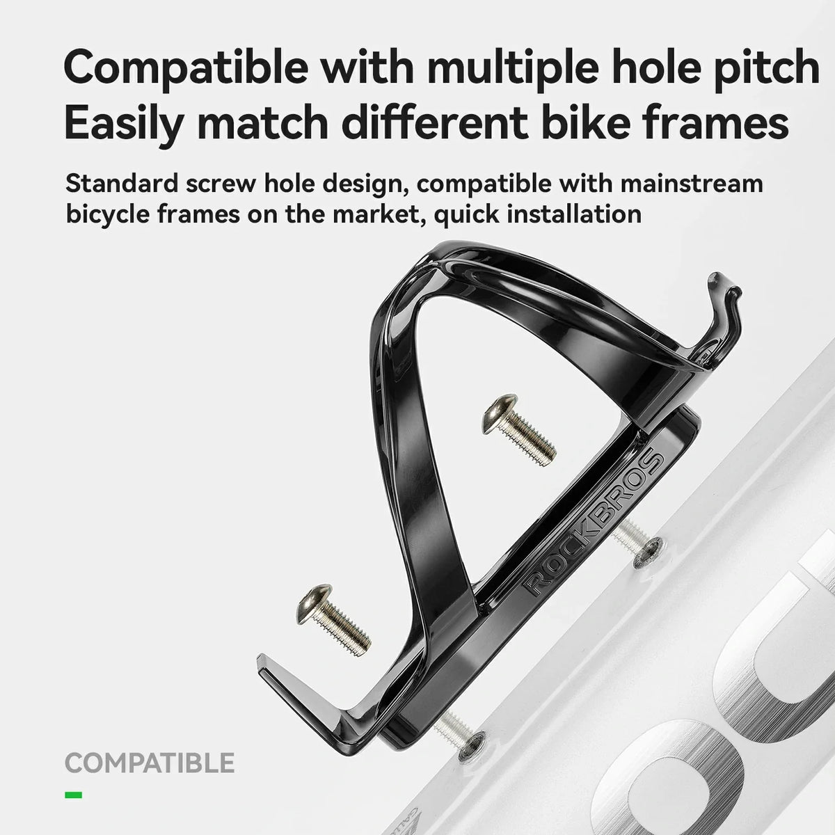 Black bicycle bottle holder with text on compatibility and installation.
