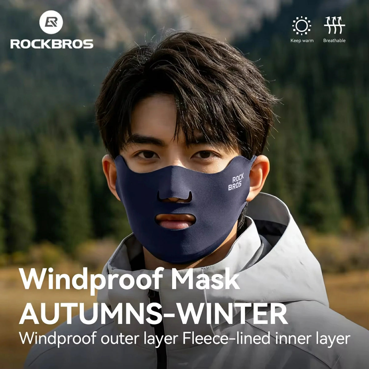 Person wearing a windproof mask with a mountainous background, featuring the brand 'RockBros'.