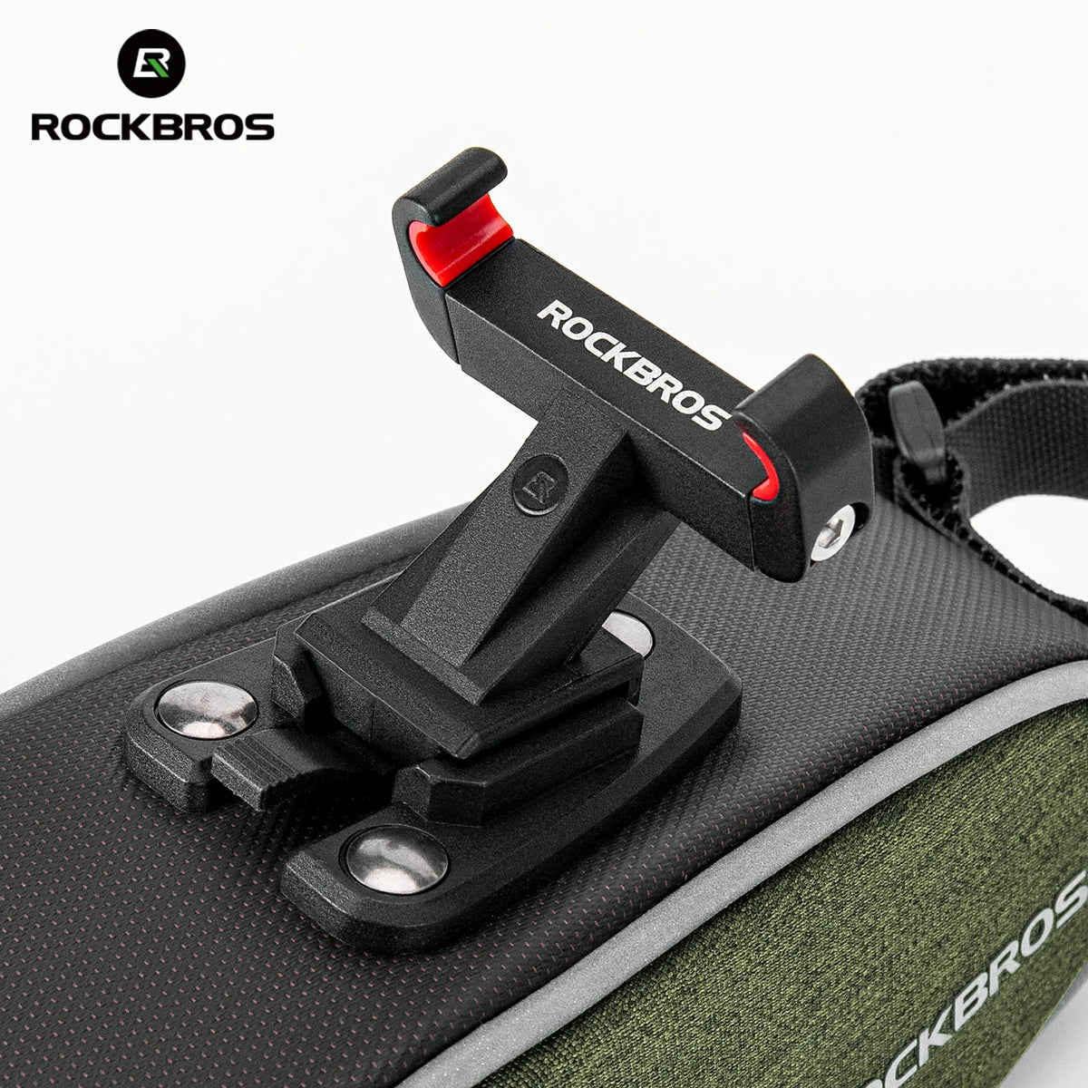 Close-up of a black and red device mount with 'RockBros' branding on a product surface. #color_Mount Version