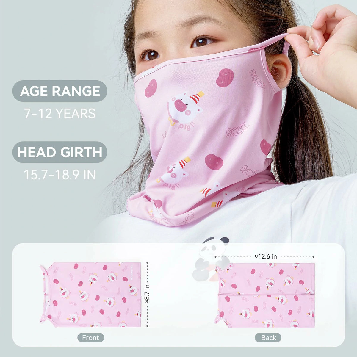 Child wearing a pink neck gaiter with cartoon designs, showing age range and head girth details.