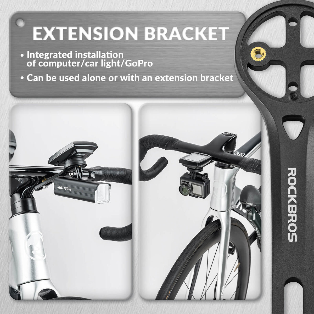 ROCKBROS Bicycle Computer Mount featuring compatibility with sport camera adapters, designed for durable and stable use on handlebars.