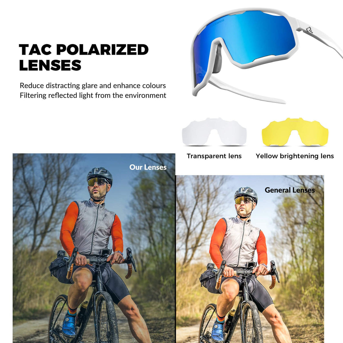ROCKBROS polarized sunglasses, UV400 protection, transparent cycling glasses, windproof, TR90 frame, perfect for cycling and outdoor sports. #color_bright-white-polarized-lce-blue