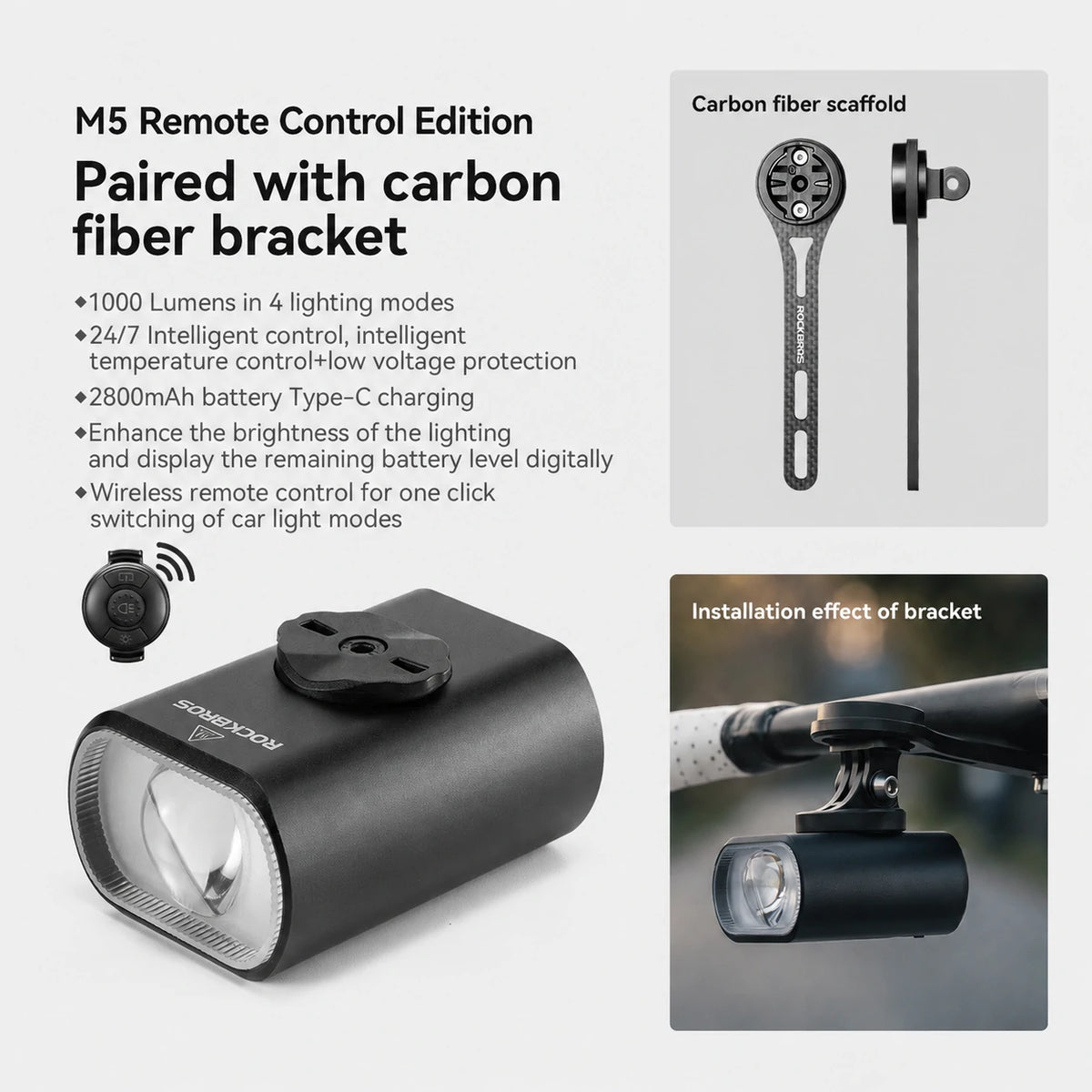 Black bicycle headlight remote control edition paired with a carbon fiber mounting bracket, shown on a light gray background with feature text, a small remote control inset, and installation examples. #Color_Remote control+carbon fiber bracket