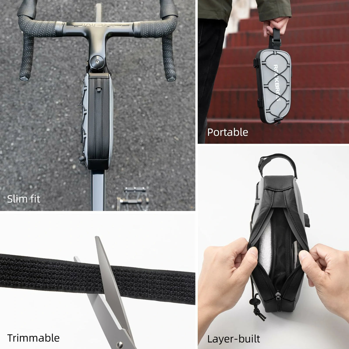 Collage of a bike frame bag with features highlighted. #color_silver