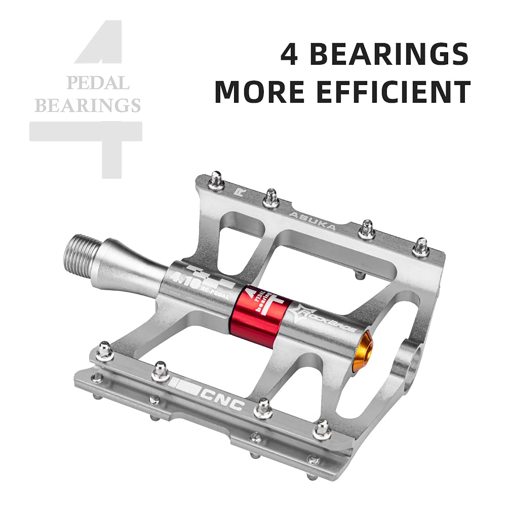 ROCKBROS 4 Bearings Mountain MTB Bike Pedals Platform Flat Aluminum Alloy 9/16" - ROCKBROS #color_Silver