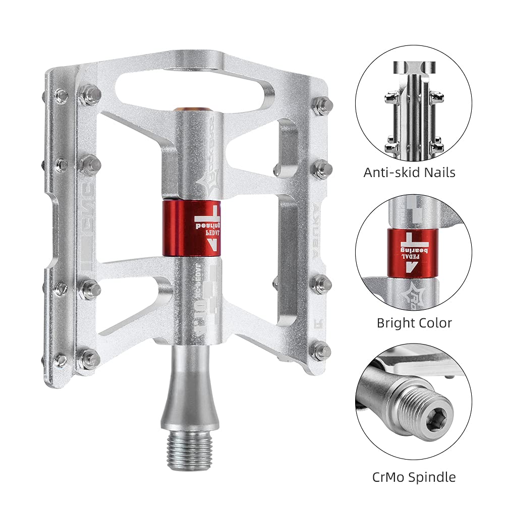 ROCKBROS 4 Bearings Mountain MTB Bike Pedals Platform Flat Aluminum Alloy 9/16" - ROCKBROS #color_Silver