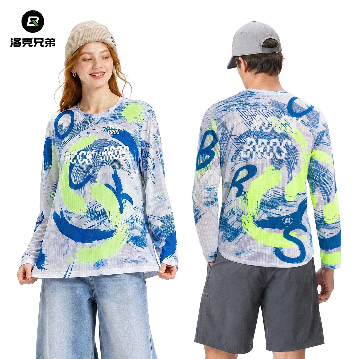 A male and female model are shown wearing a long-sleeve graphic t-shirt from both the front and back views. The shirt features a white base with blue and neon yellow-green paint stroke graphics and 'ROCK BROS' printed across the chest and back.