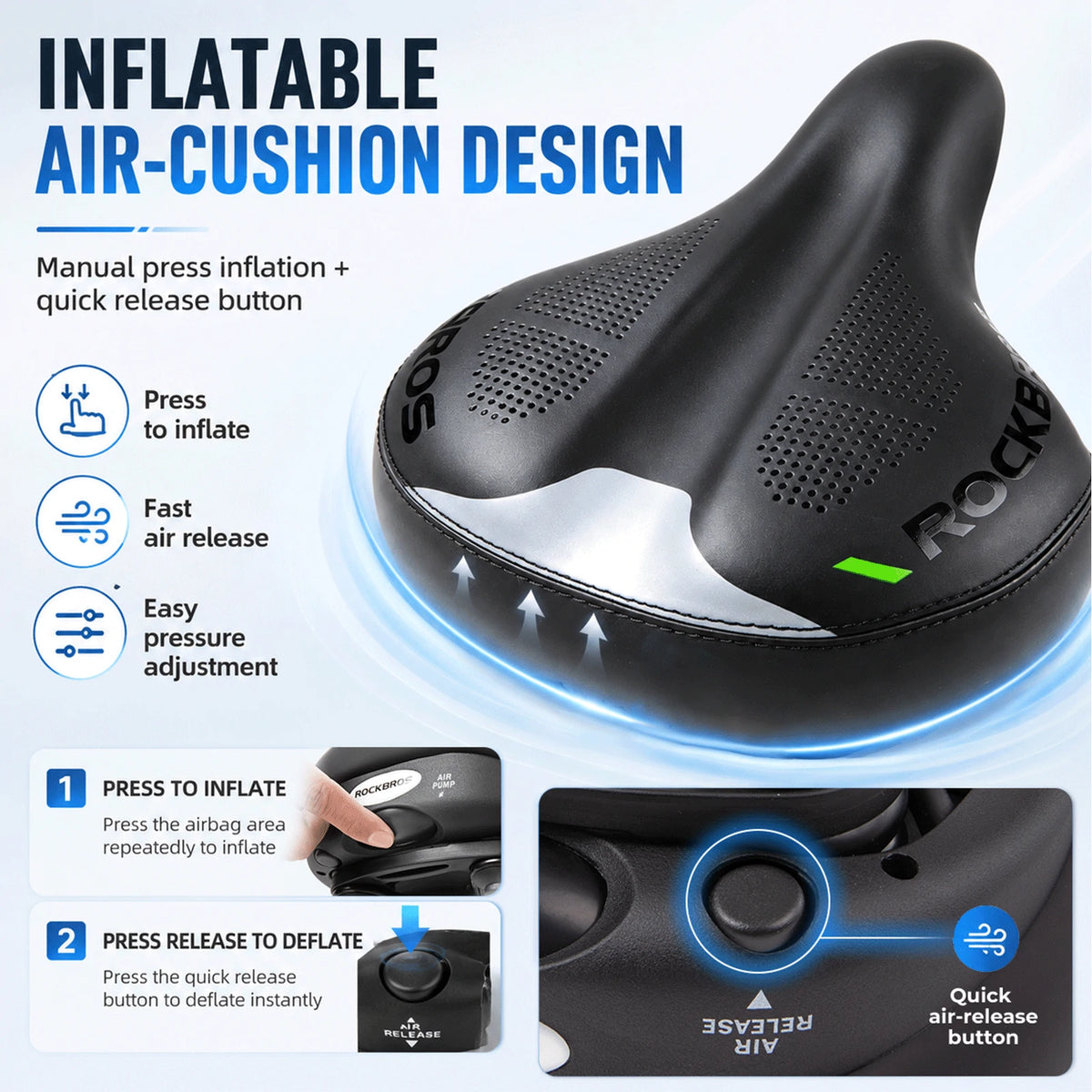 Asiento de bicicleta con amortiguación de aire ajustable, ancho, cómodo y con absorción de impactos