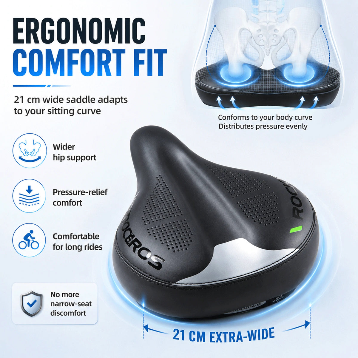 Asiento de bicicleta con amortiguación de aire ajustable, ancho, cómodo y con absorción de impactos