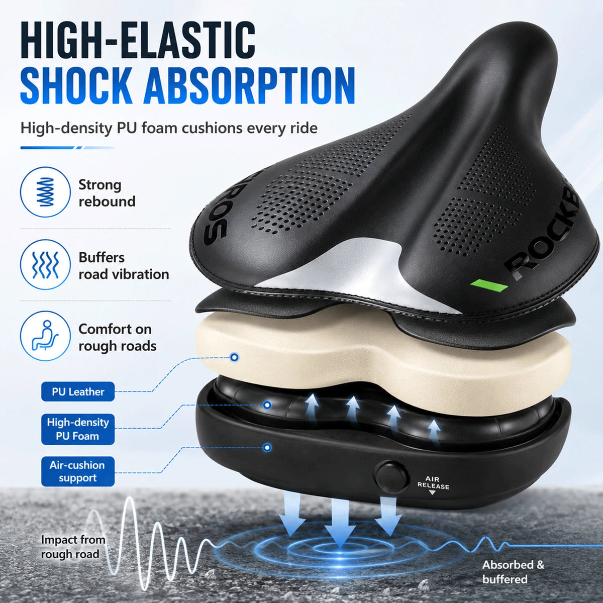 Asiento de bicicleta con amortiguación de aire ajustable, ancho, cómodo y con absorción de impactos