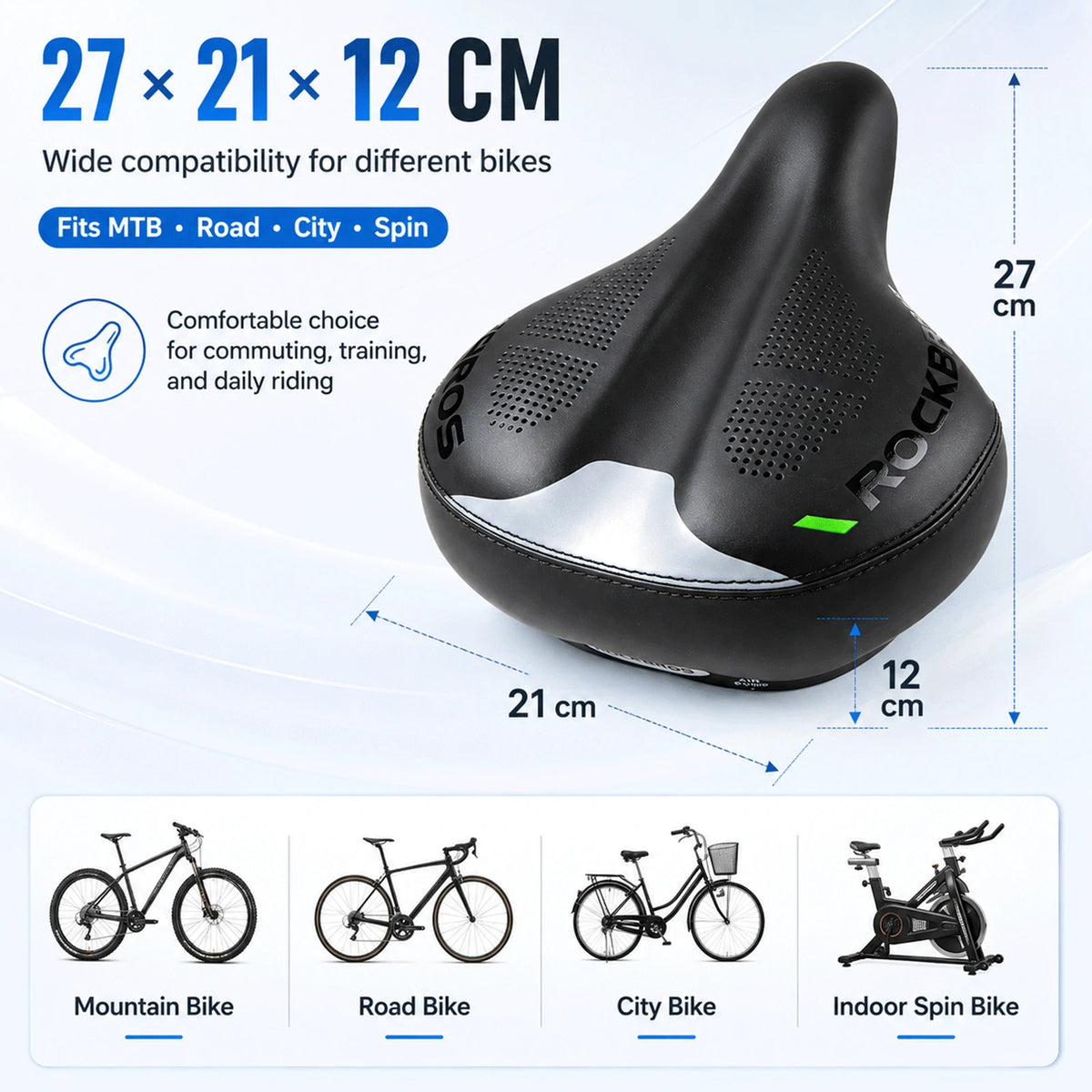 Asiento de bicicleta con amortiguación de aire ajustable, ancho, cómodo y con absorción de impactos