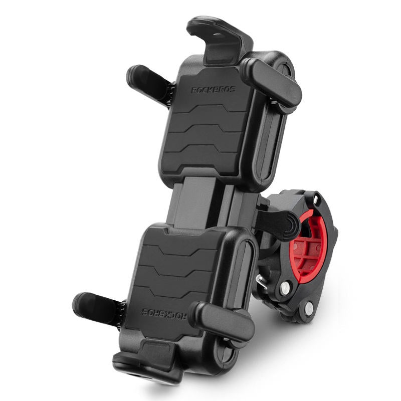 Black motorcycle phone mount with red accent on a white background #color_Black