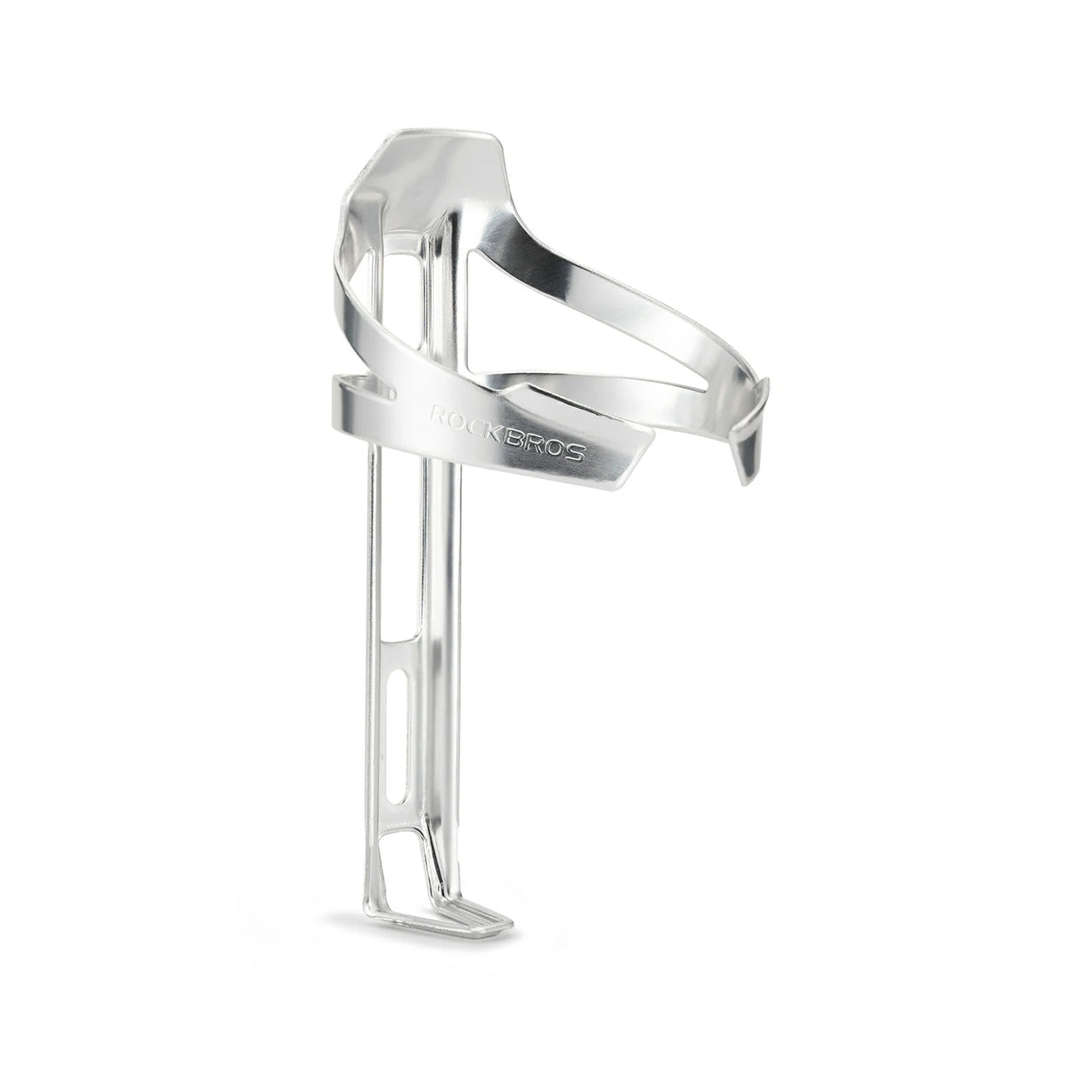 A polished stainless steel bicycle water bottle cage with the brand name 'ROCKBROS' debossed on the front band, shown against a solid white background. #Color_Silver