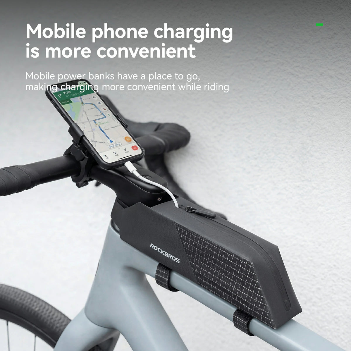 Bicycle handlebar with a phone mount and power bank, featuring the brand 'Rockbros'.