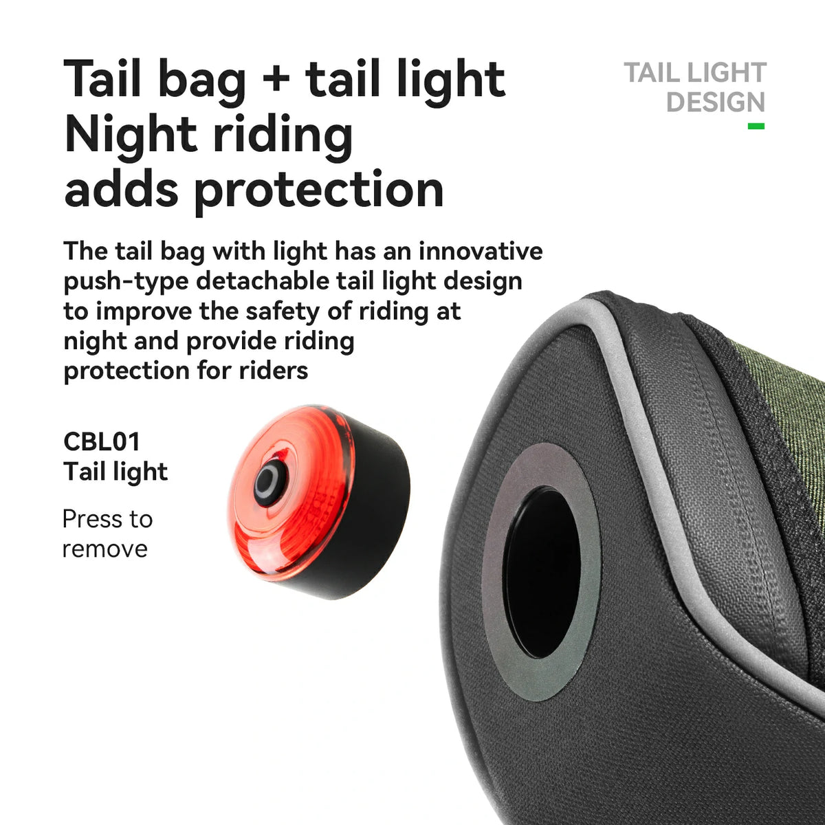 Tail bag with detachable tail light for night riding safety on a white background