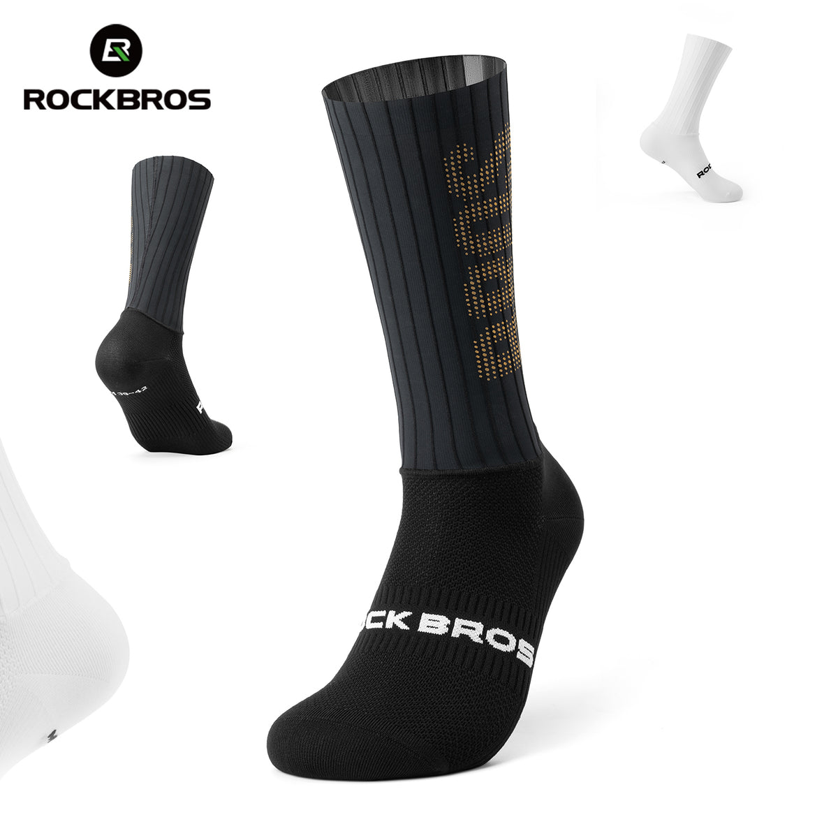 Black socks with gold pattern and 'RockBros' branding