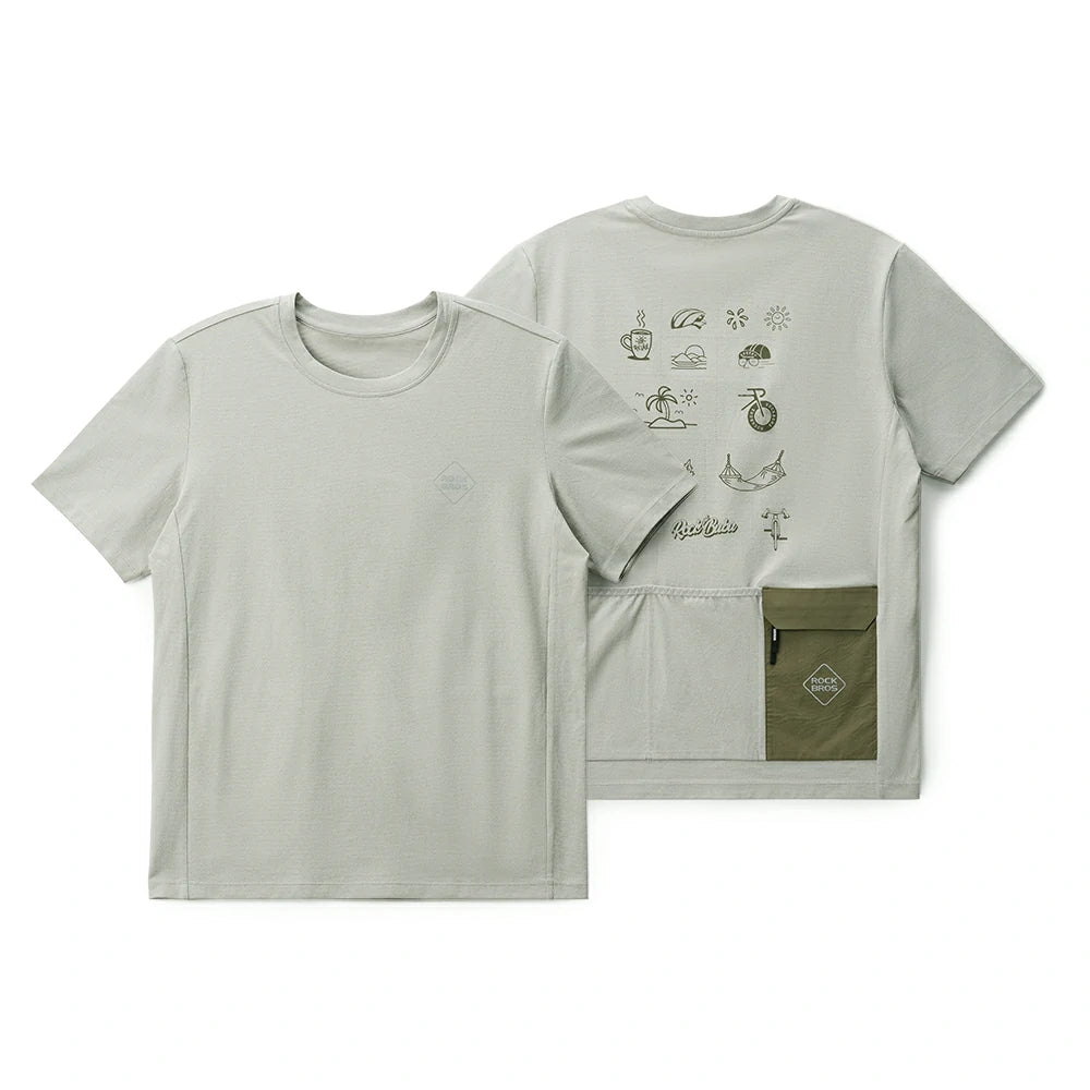 Light gray t-shirt with front and back designs on a white background