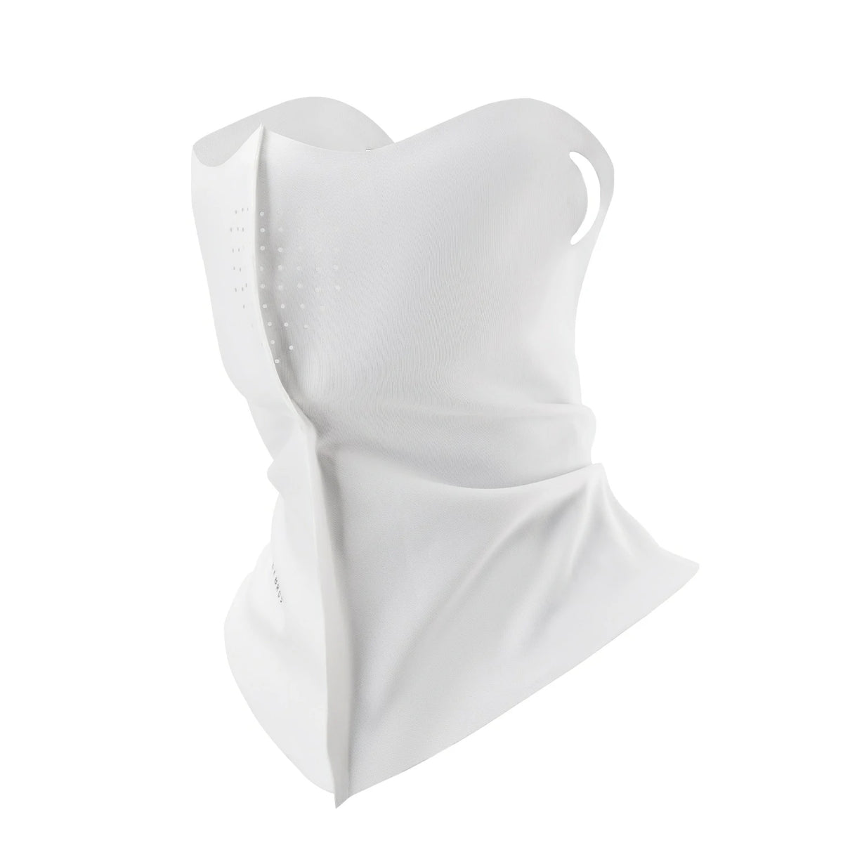 A white knit neck gaiter or face covering with a curved cutout on the side, displayed on a clean white background. #Color_White