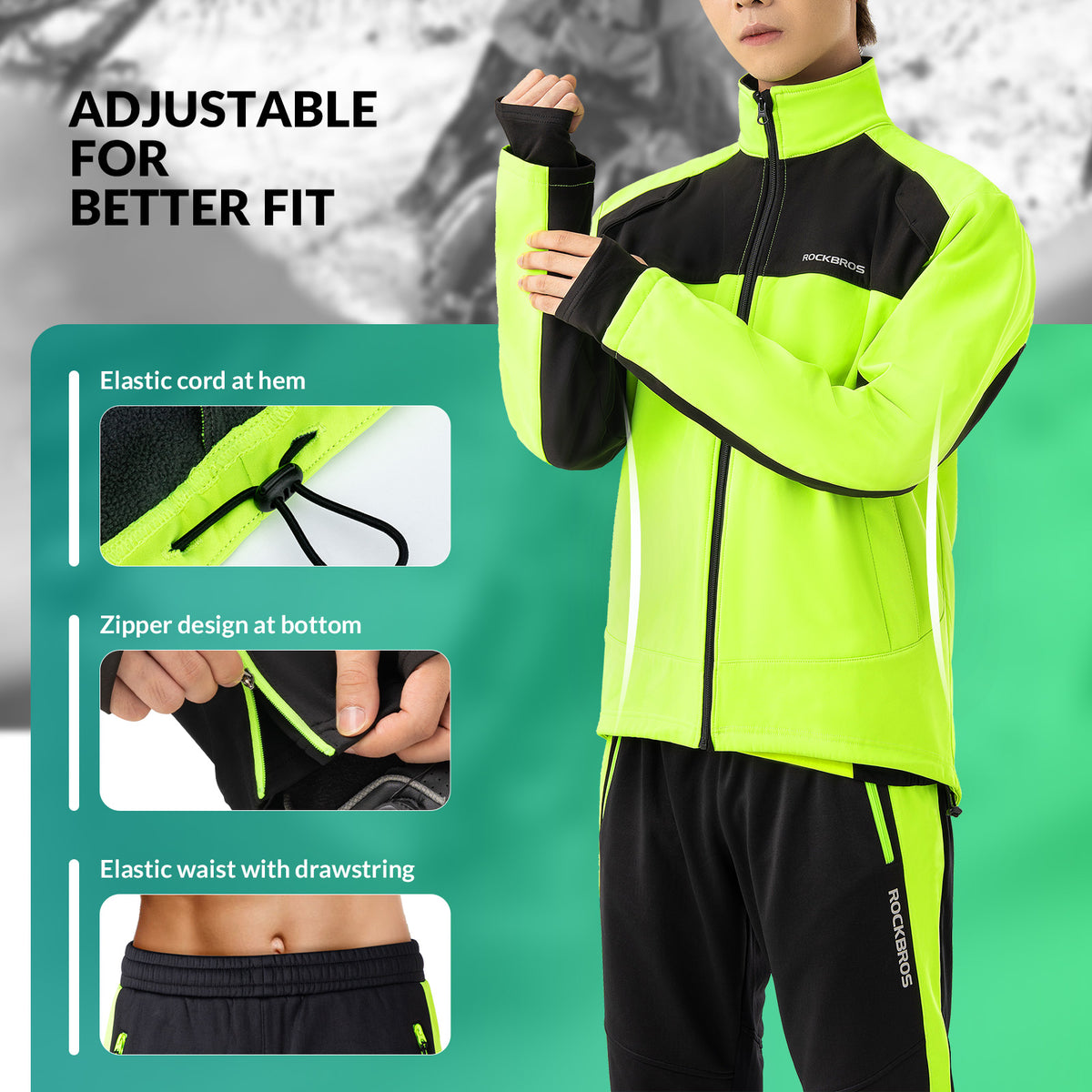Person wearing a bright green and black tracksuit with adjustable features highlighted.