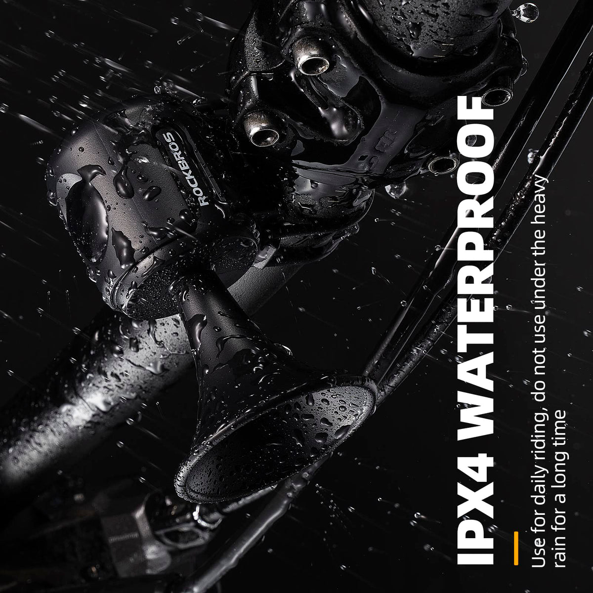 Bicycle handlebar with water droplets and 'RockBros' branding, featuring IPX4 waterproof text.