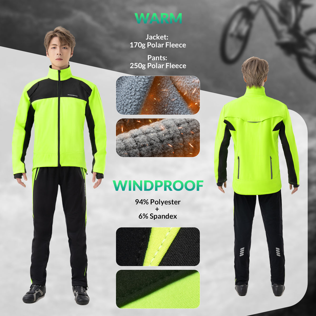 Person wearing a bright green and black jacket and pants with text on warmth and windproofness.