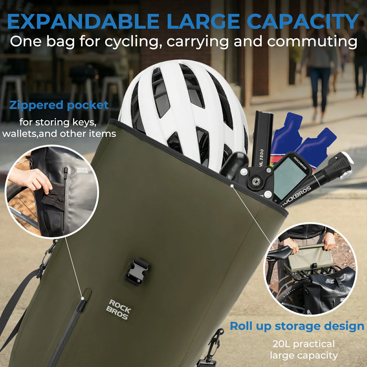 Fully waterproof bike pannier bag 20L in black#Color_Dark Green