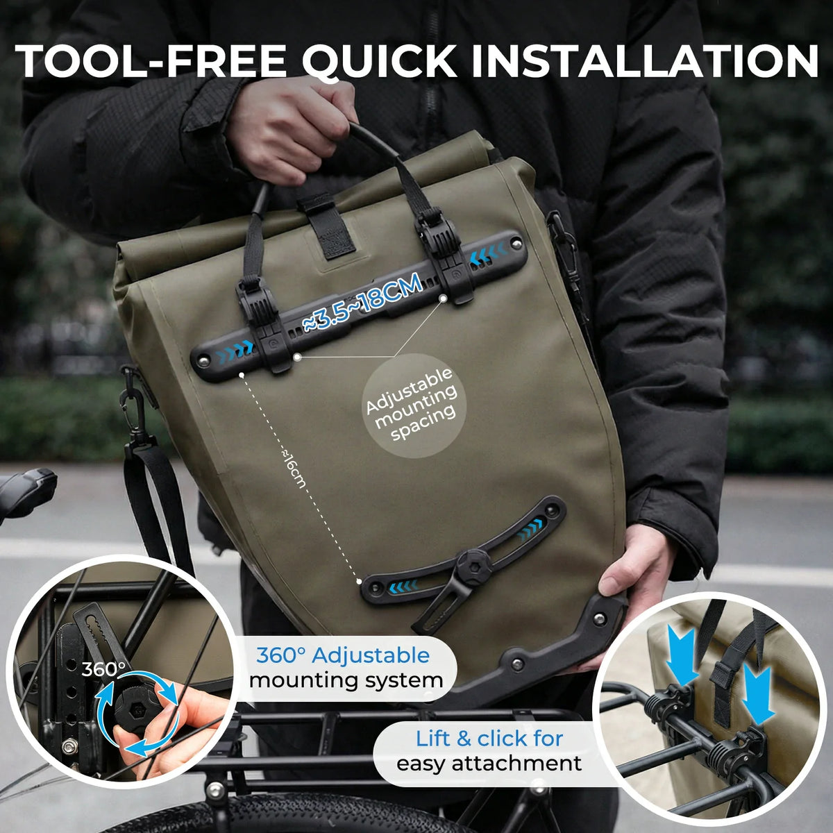 Fully waterproof bike pannier bag 20L in black#Color_Dark Green