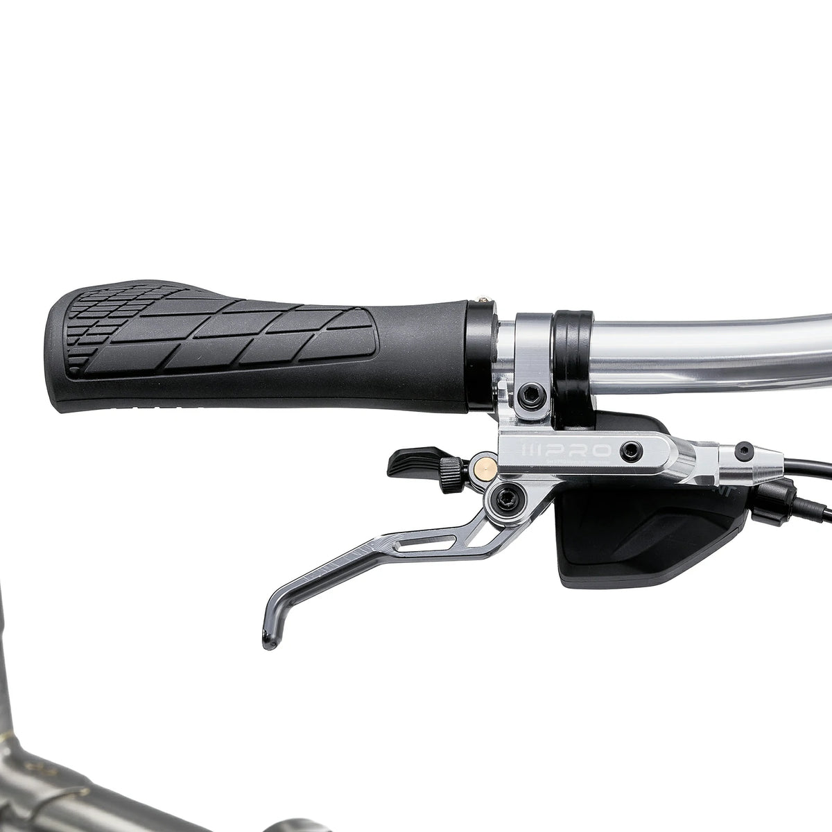 Close-up of motorcycle handlebar with black grip and silver metal parts on a white background